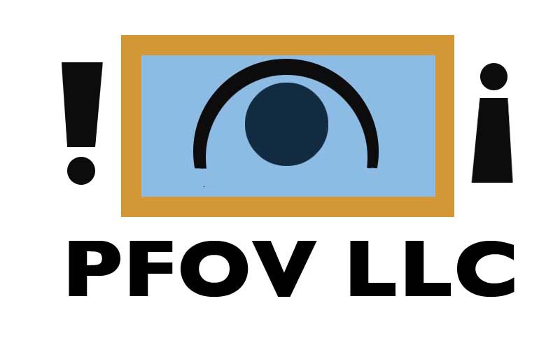Image=Exclamation marks one upside down on either side of an eye within a rectangle.  Beneath this are the words "PFOV LLC"